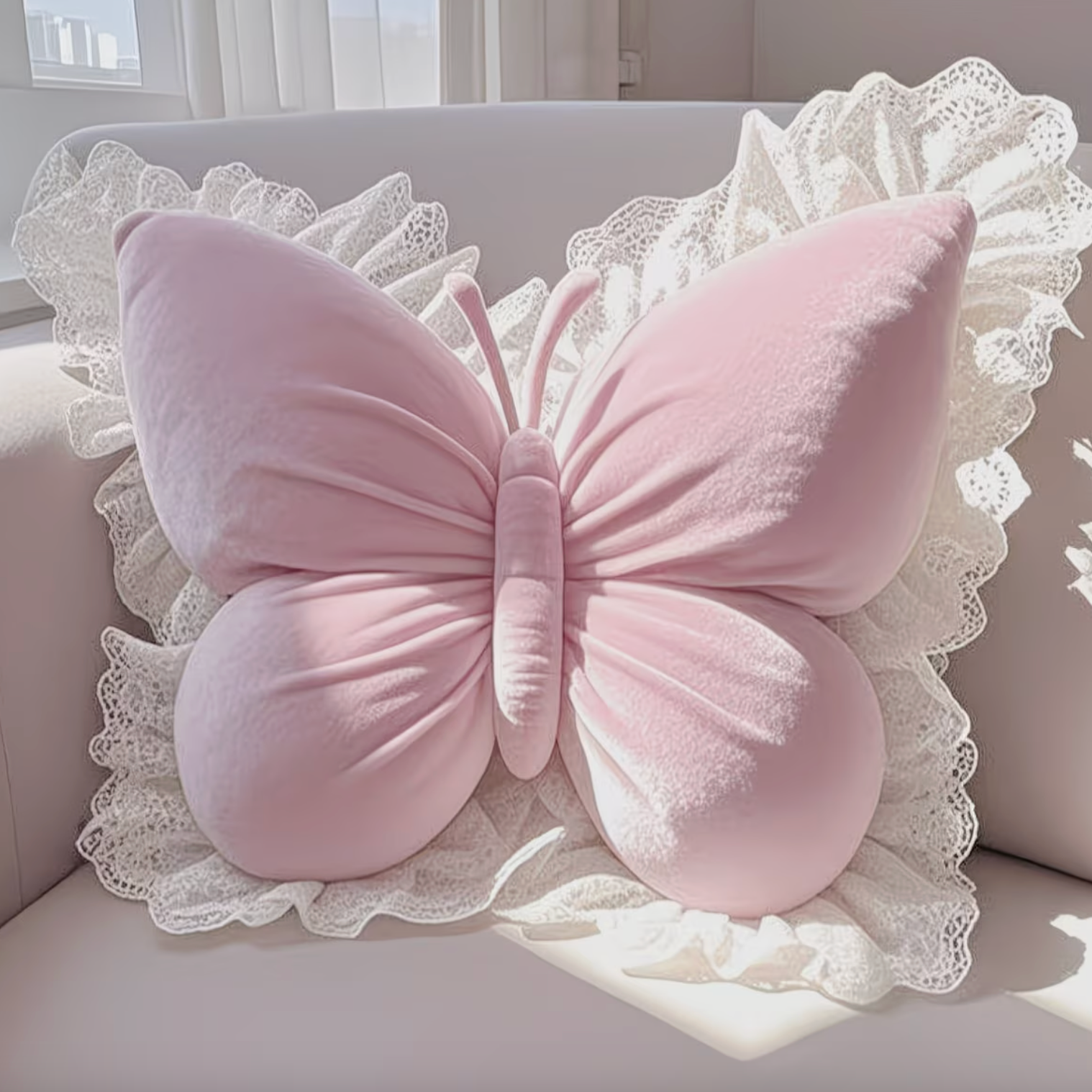 Butterfly-Inspired Plush Pillow with Elegant Lace Design