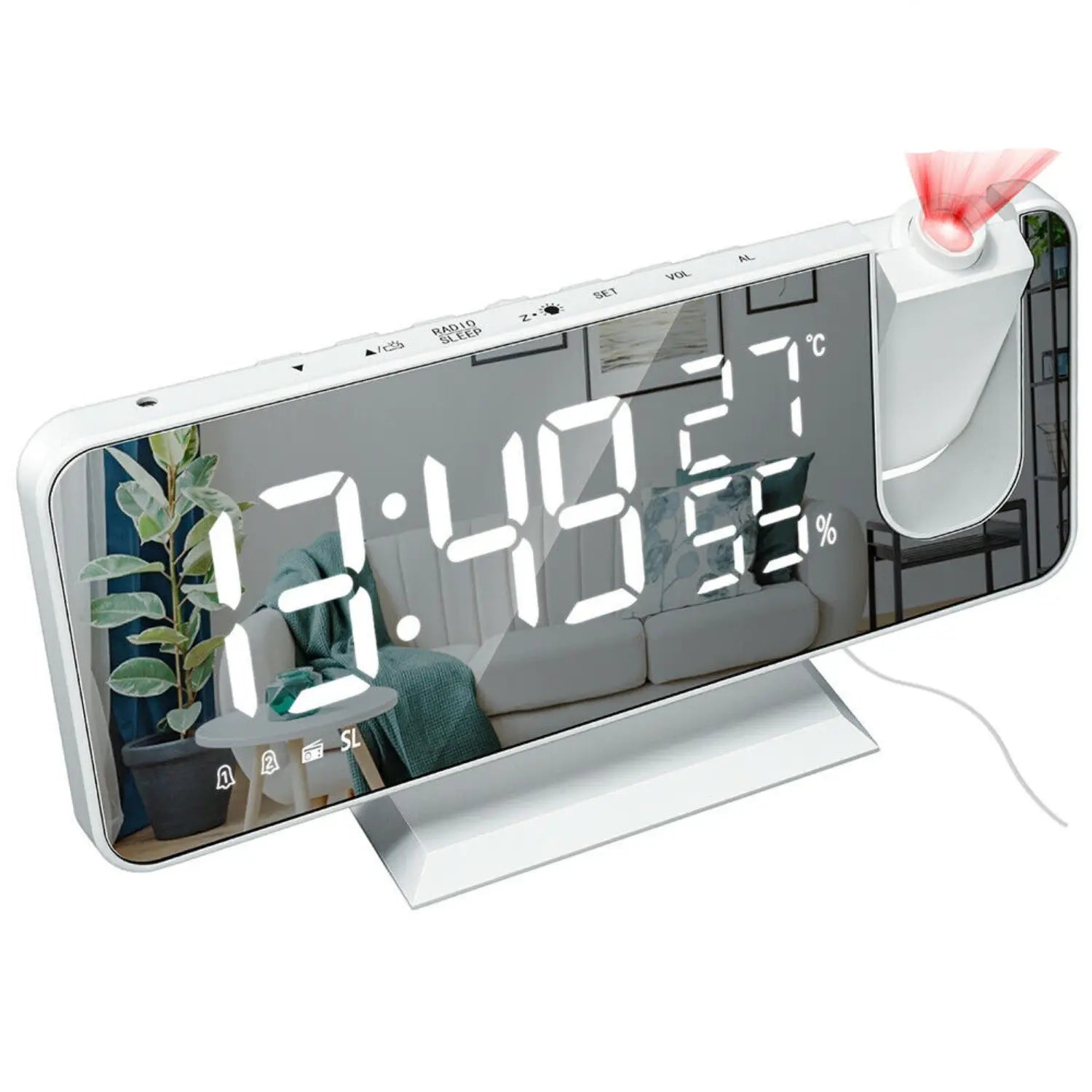 FM Radio Alarm Clock with LED Projection and USB Charging Port