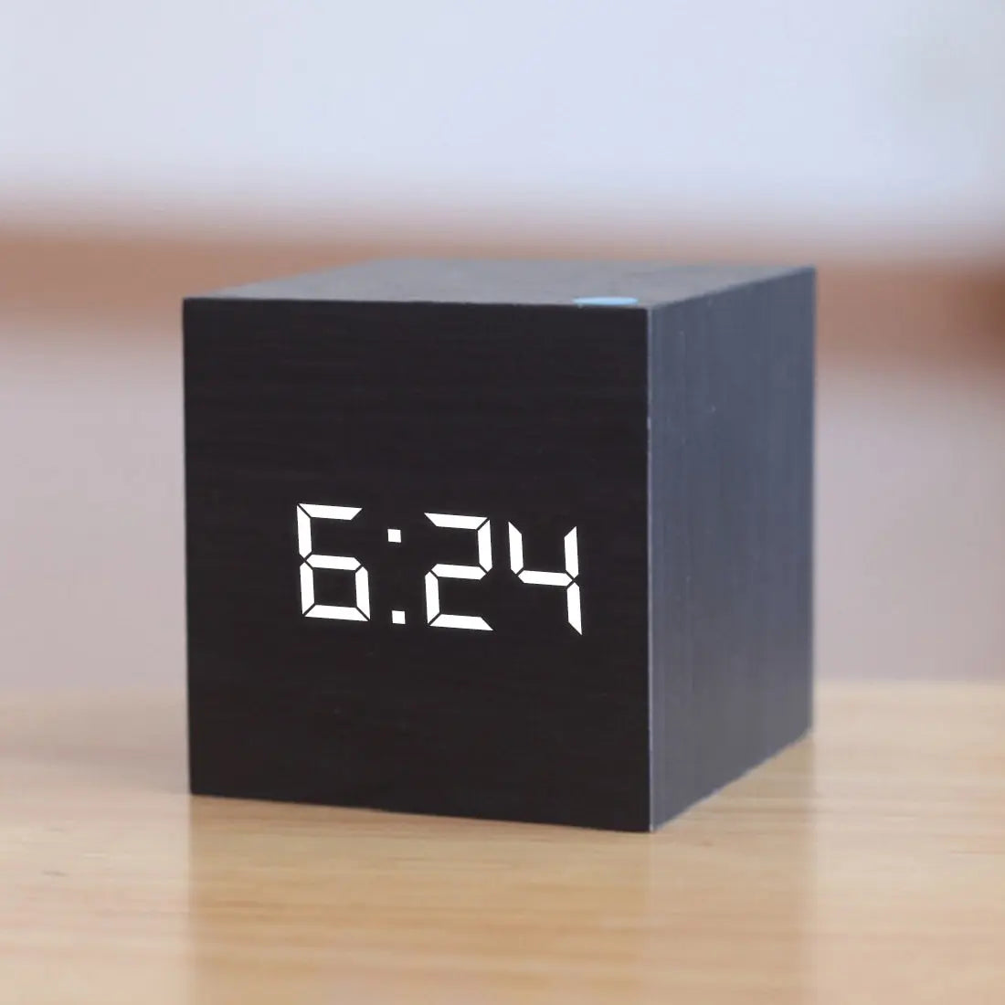 Compact Black Cube Alarm Clock with Date and Temperature Display