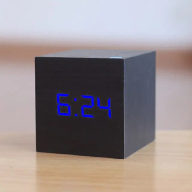 Compact Black Cube Alarm Clock with Date and Temperature Display