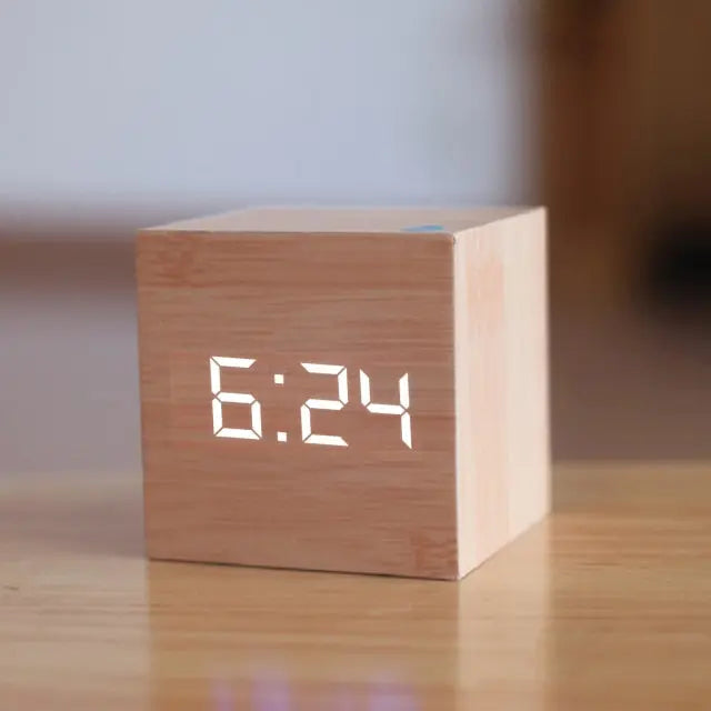 Compact Black Cube Alarm Clock with Date and Temperature Display