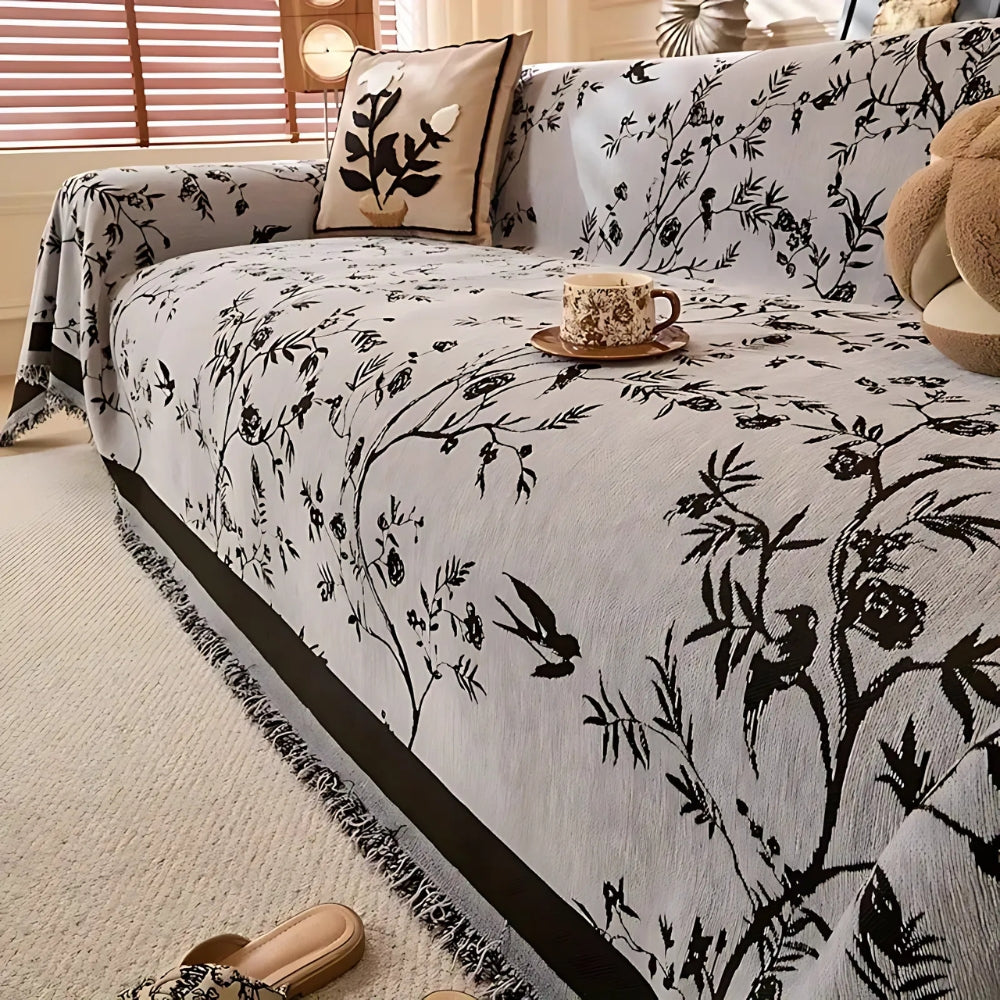 Charming Floral Chenille Sofa Throw with Elegant Tassels