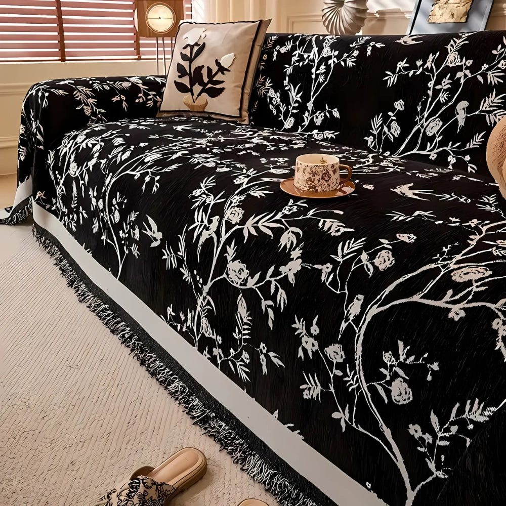 Charming Floral Chenille Sofa Throw with Elegant Tassels