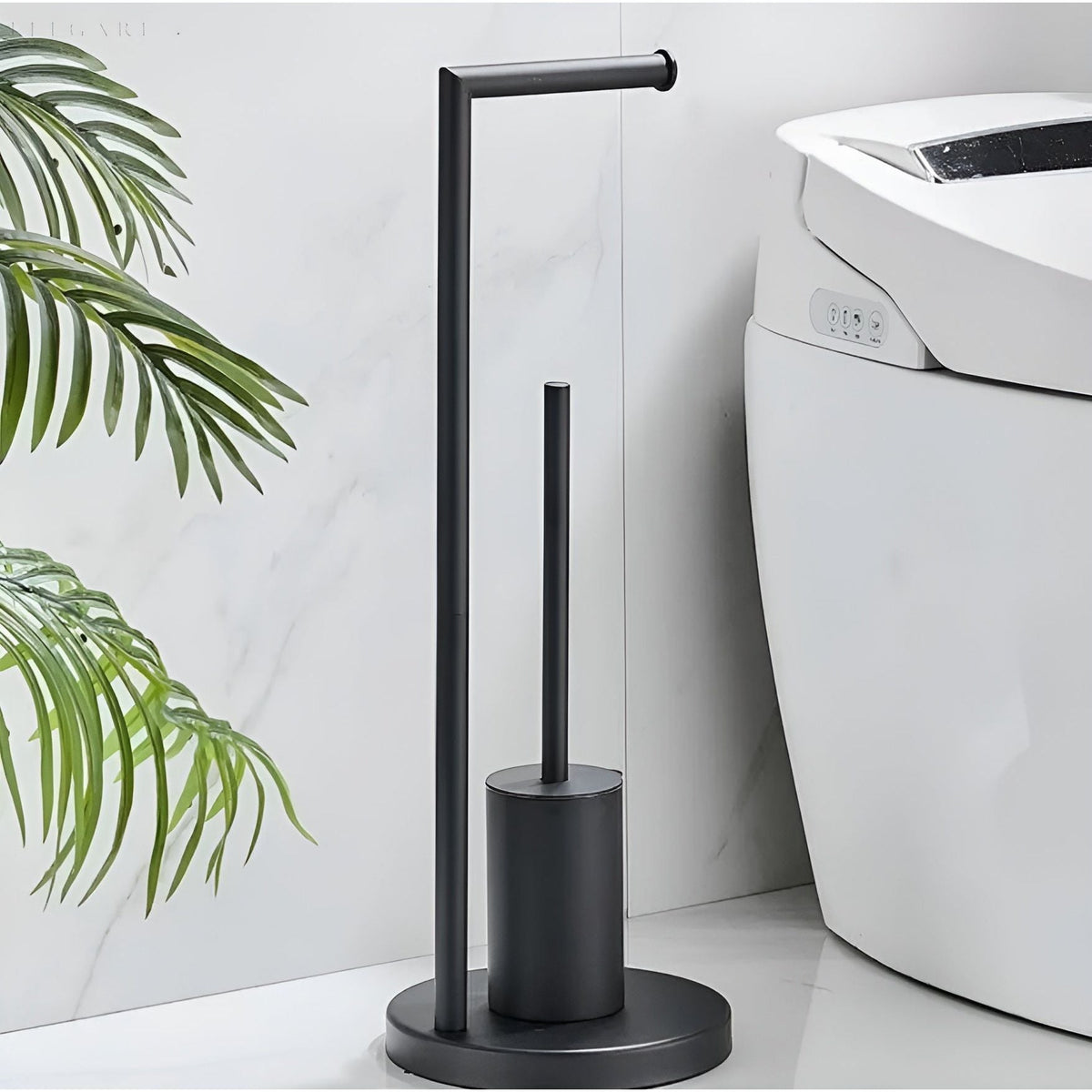 Space-Saving Freestanding Toilet Paper Holder with Built-in Brush for Modern Bathrooms