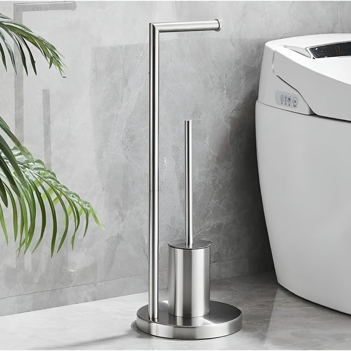Space-Saving Freestanding Toilet Paper Holder with Built-in Brush for Modern Bathrooms