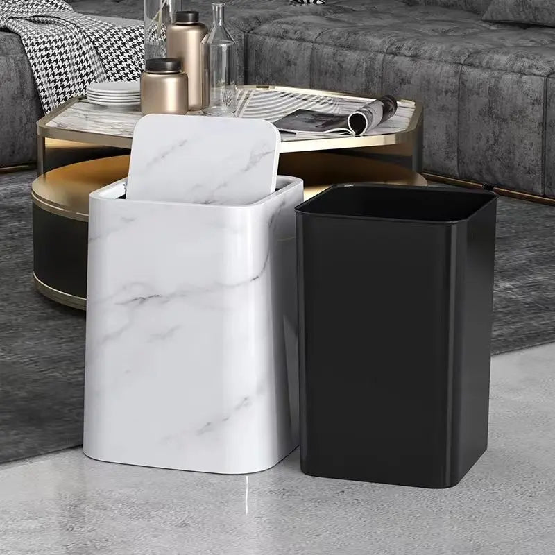 Dual-Compartment Waste Bin with Swing Lid – Stylish Marble-Style Trash Can for Home and Office
