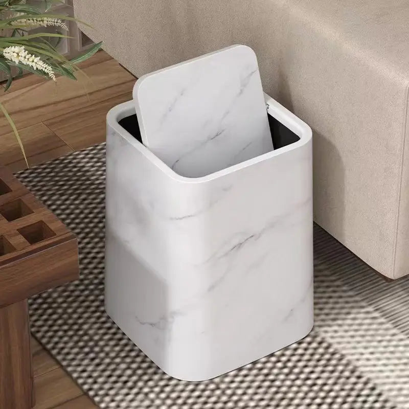 Dual-Compartment Waste Bin with Swing Lid – Stylish Marble-Style Trash Can for Home and Office