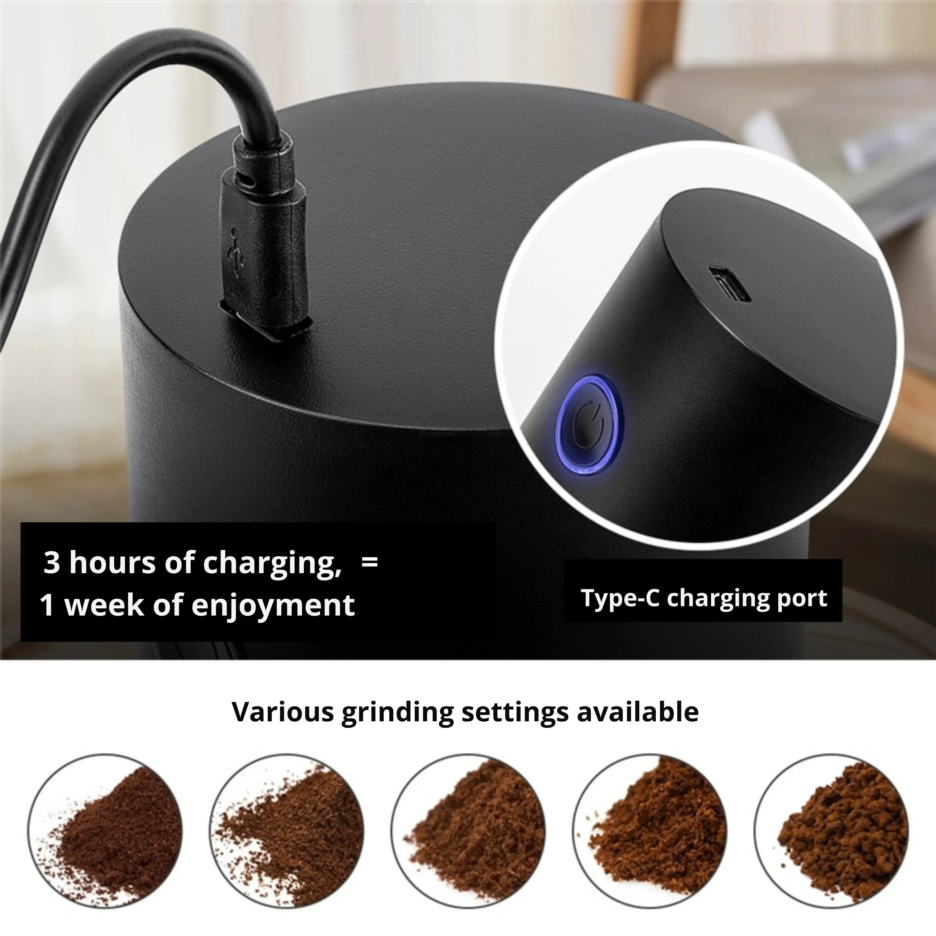 Electric Coffee Grinder with Adjustable Settings – USB Rechargeable