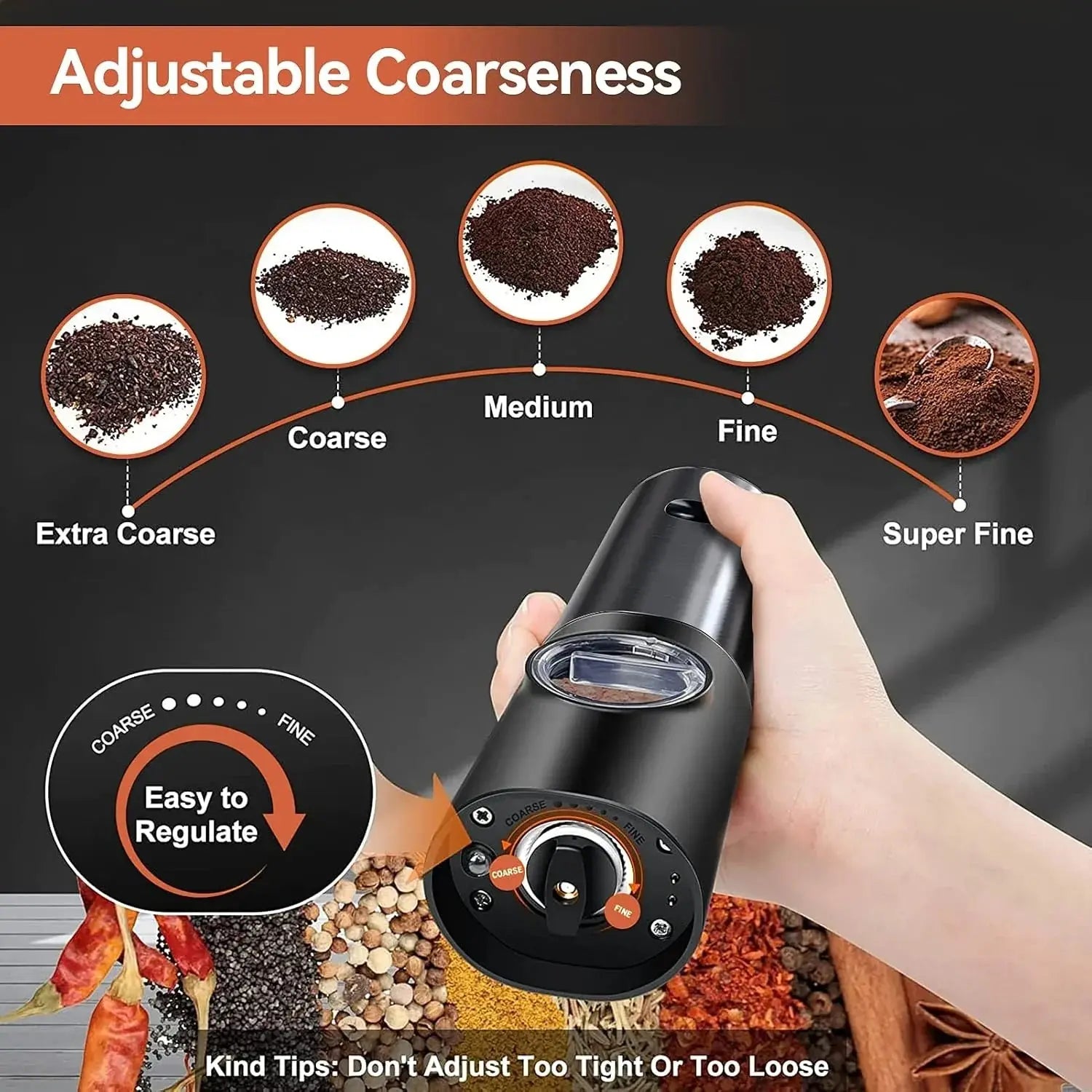 Spice Grinder Duo with 5 Grinding Settings and USB-C Charging Station
