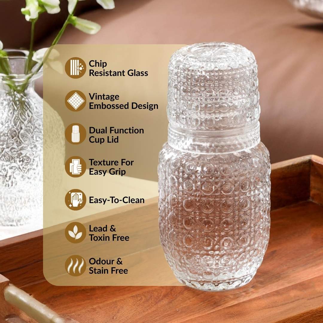 Water Carafe with Lid and Glasses – Nightstand Drinking Set