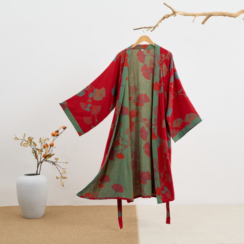 Japanese-Style Bathrobe Made of Organic Cotton Gauze – Ginkgo Leaf Design