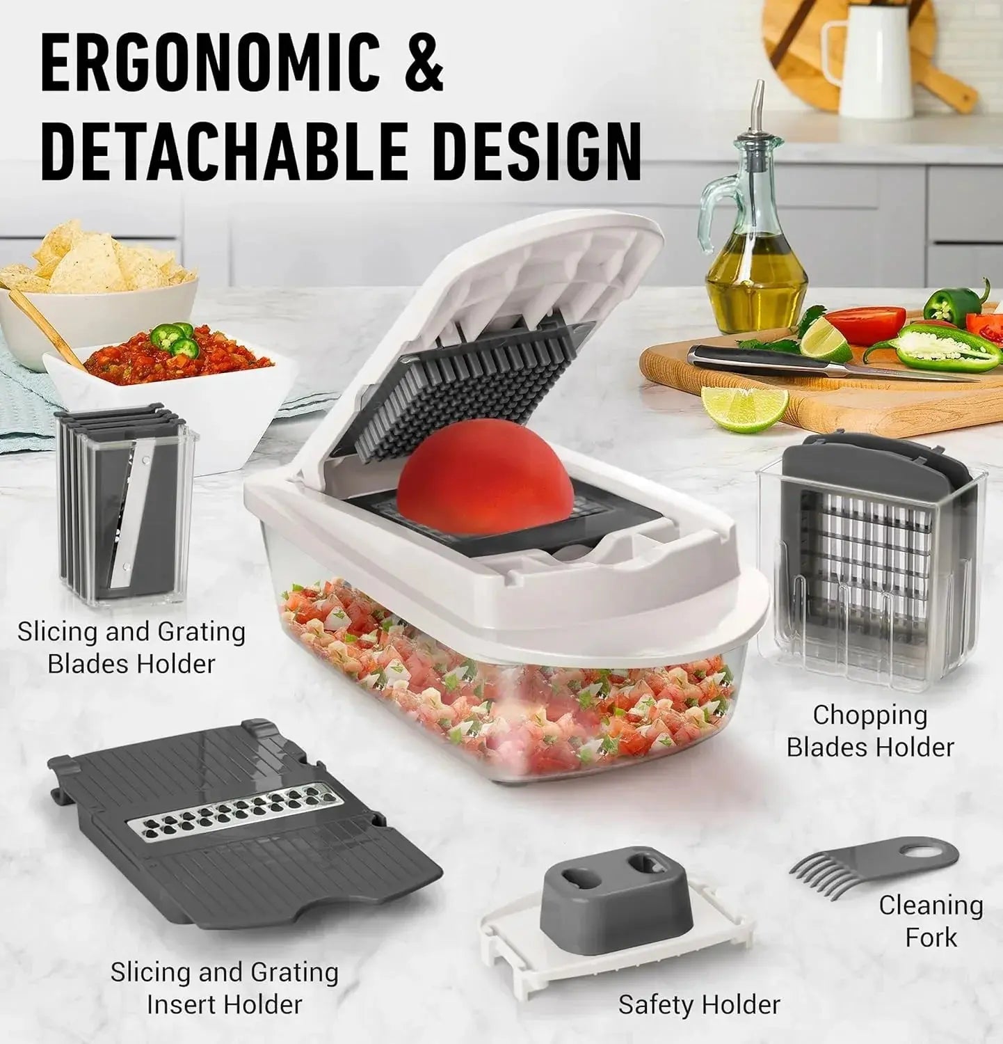 Vegetable Cutter with Safety Holder and Catch Container – Dicing, Slicing, and Grating