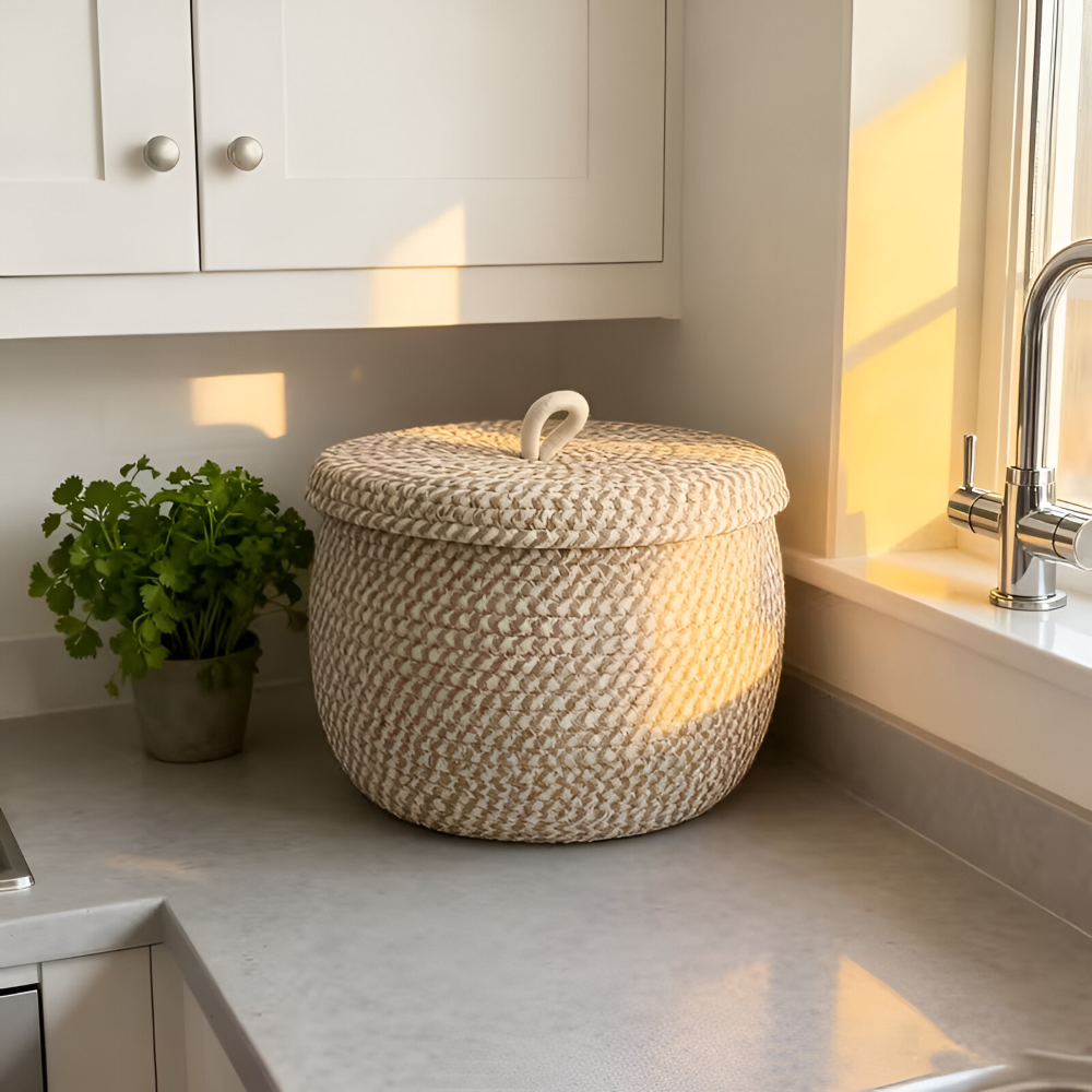 Woven Storage Basket | Round Boho Basket | Handcrafted Home Organizer