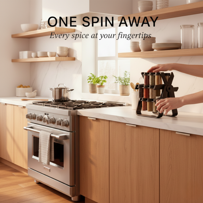 Spice Rack with Rotating Design | Foldable Stand | Glass Containers