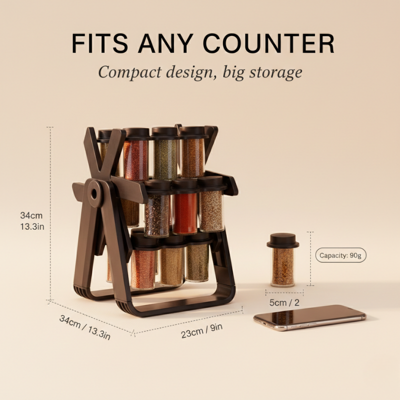 Spice Rack with Rotating Design | Foldable Stand | Glass Containers