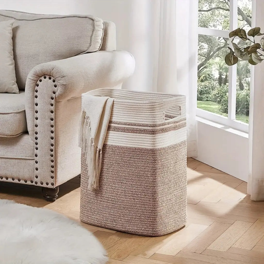 Spacious Woven Laundry Basket in Cotton Rope with Carrying Handles