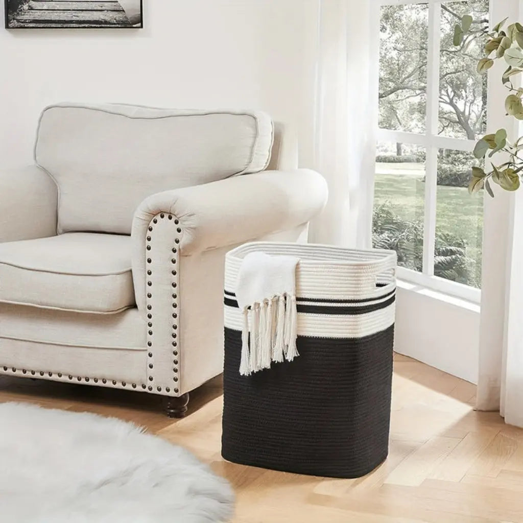 Spacious Woven Laundry Basket in Cotton Rope with Carrying Handles