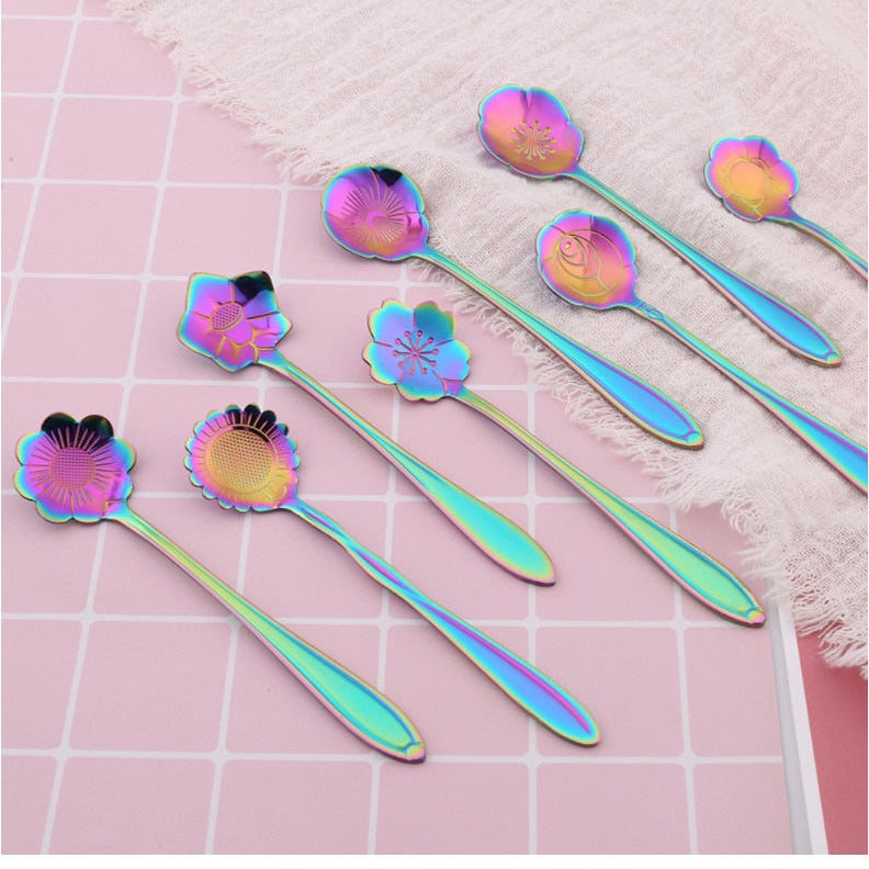 8-Piece Set of Floral Handle Design Stainless Steel Teaspoons