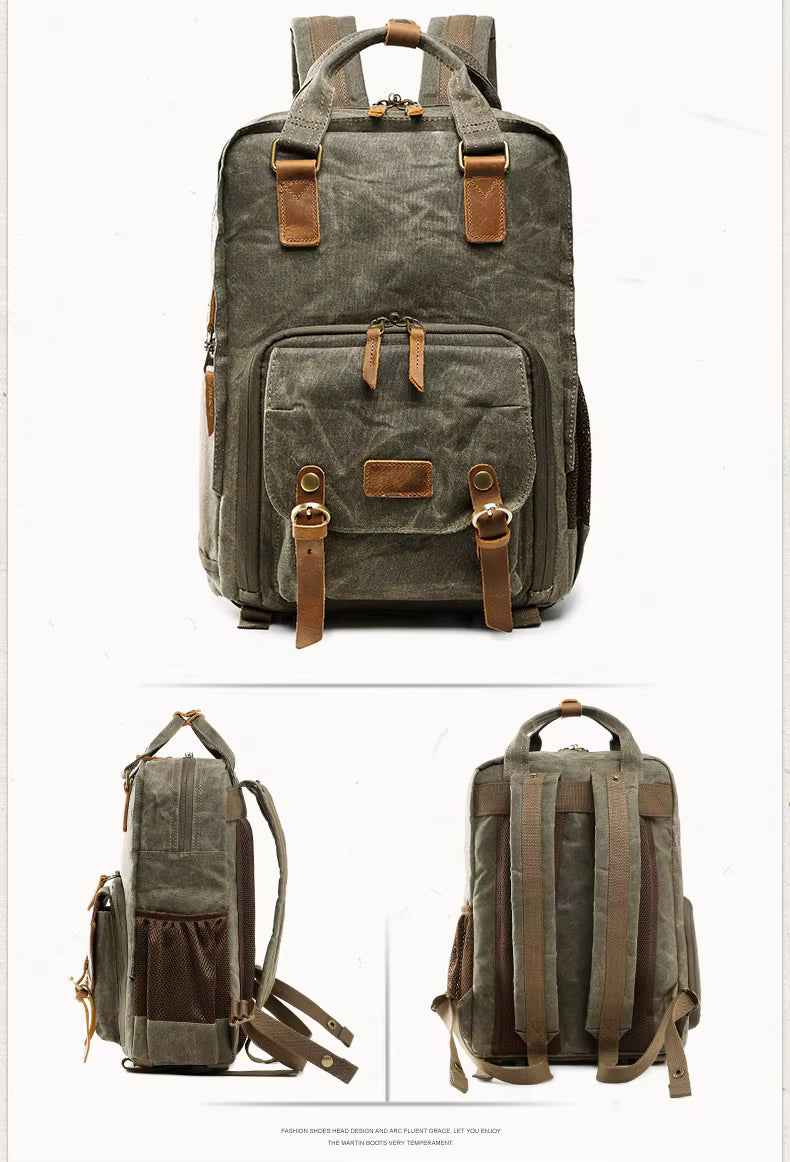 Water-Resistant Waxed Canvas Backpack for DSLR and 15-Inch Laptop