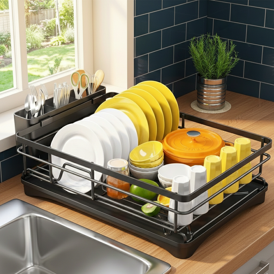 Stainless Steel Dish Rack with Drainboard and Cutlery Organizer