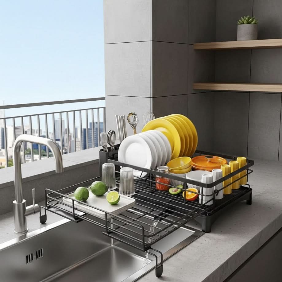 Stainless Steel Dish Rack with Drainboard and Cutlery Organizer