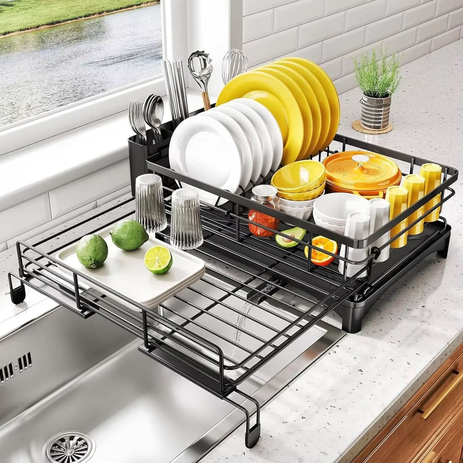 Stainless Steel Dish Rack with Drainboard and Cutlery Organizer