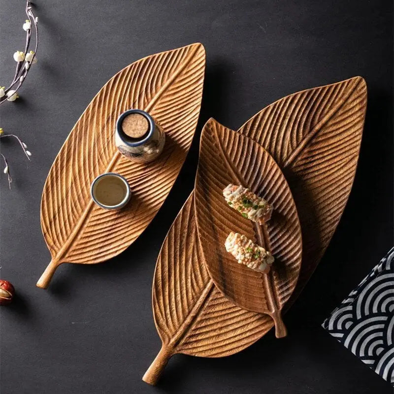 Decorative Tray with Handle – Wooden Leaf Design Serving Platter