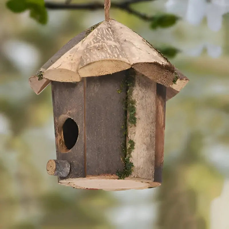 Cabin-Shaped Wooden Birdhouse with Hanging Strap – Natural Brown