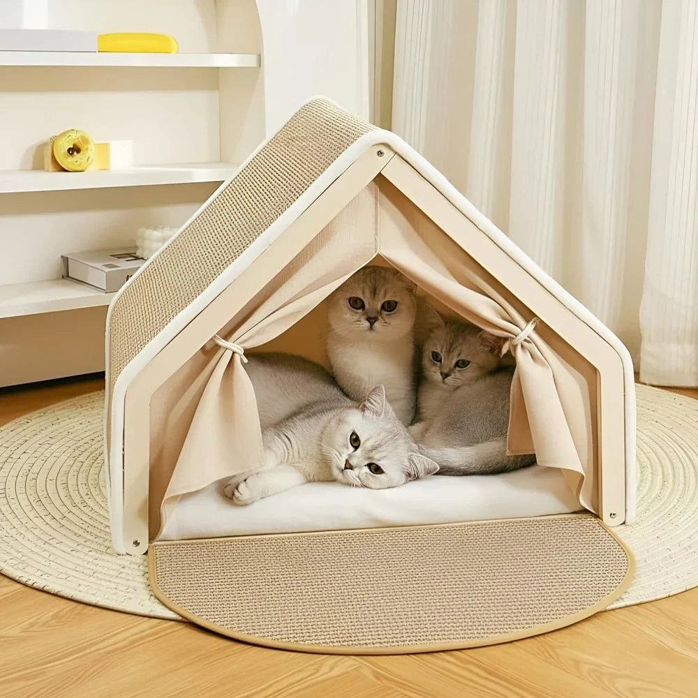 Enclosed Cat Shelter Bed with Scratching Post and Tent Design