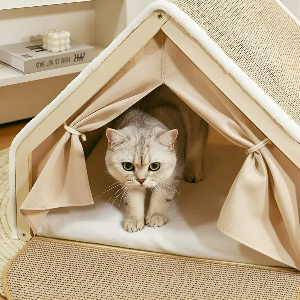 Enclosed Cat Shelter Bed with Scratching Post and Tent Design
