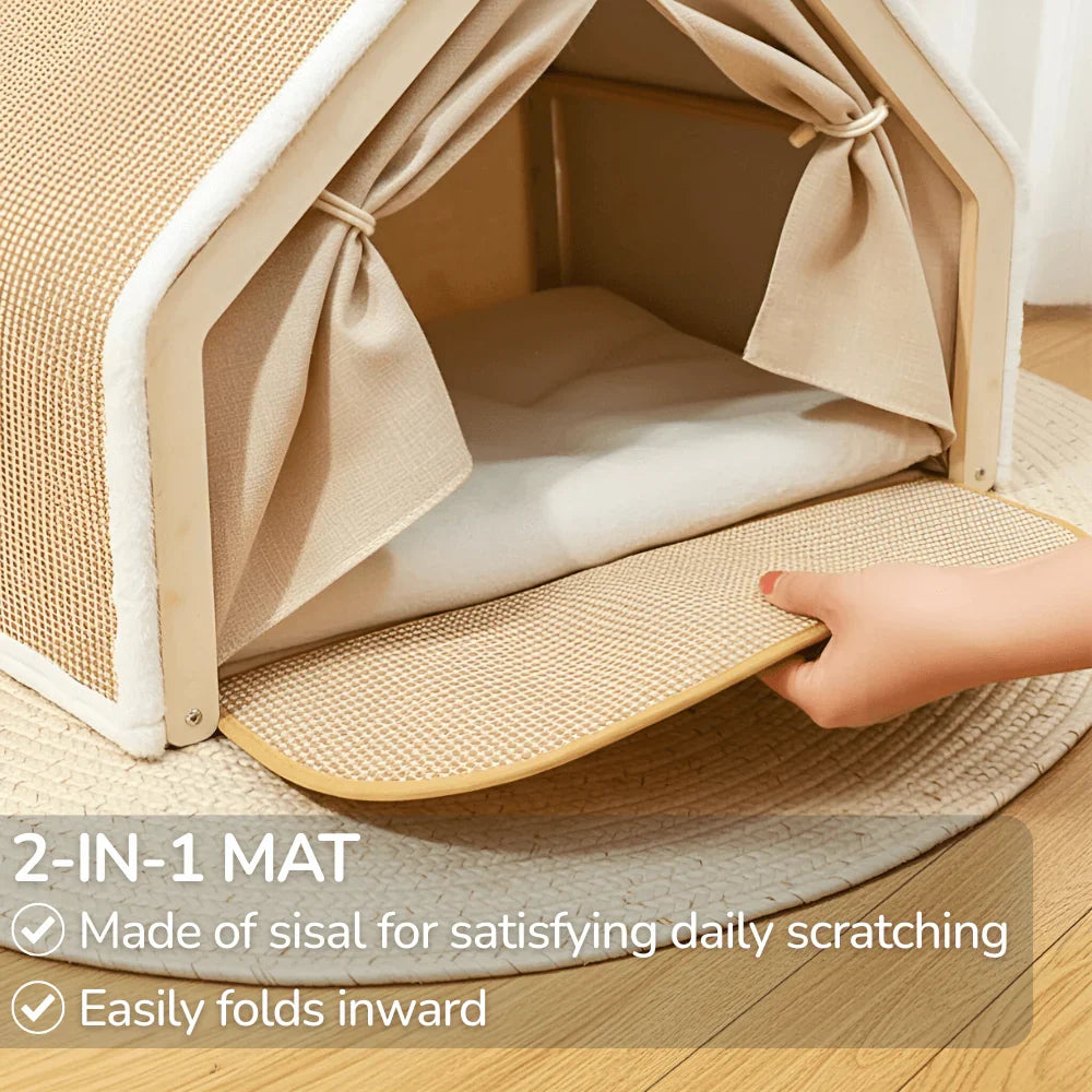 Enclosed Cat Shelter Bed with Scratching Post and Tent Design