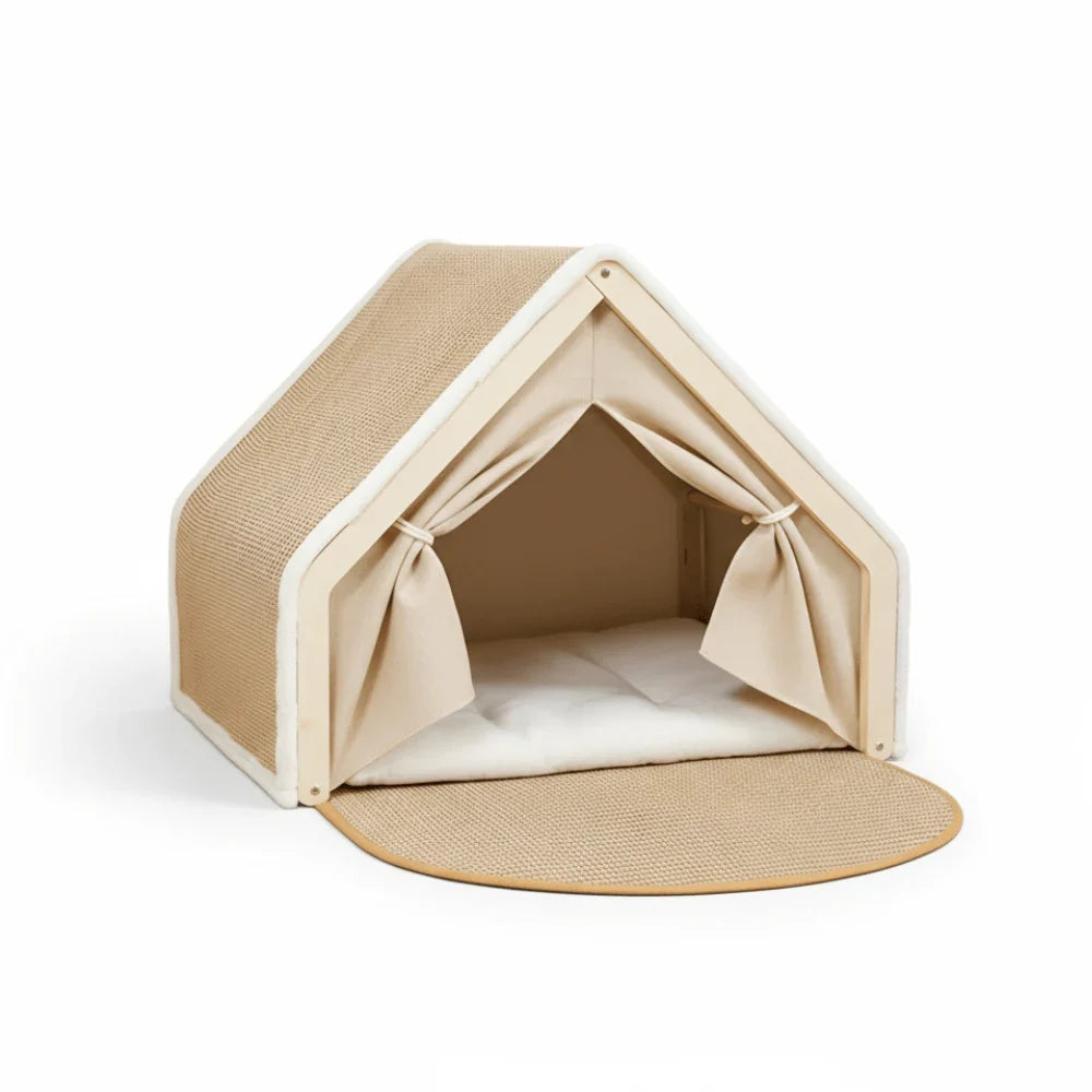 Enclosed Cat Shelter Bed with Scratching Post and Tent Design
