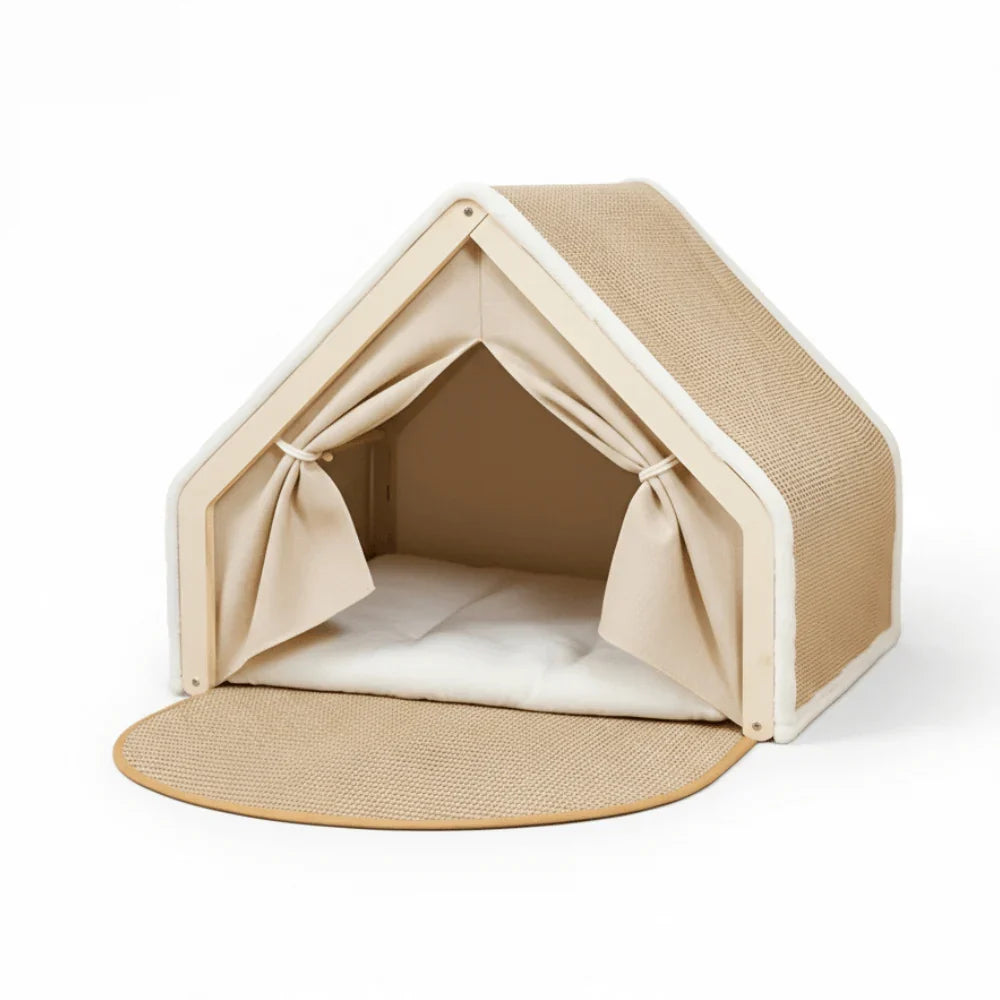 Enclosed Cat Shelter Bed with Scratching Post and Tent Design