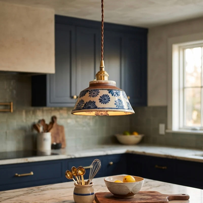 Hand Painted Ceramic Pendant Light with Warm LED Illumination