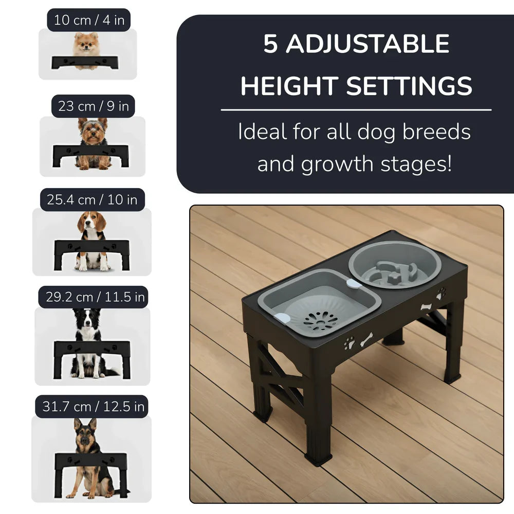 Dog Bowl Stand with Adjustable Height, Slow Feeder and Water Dish Set