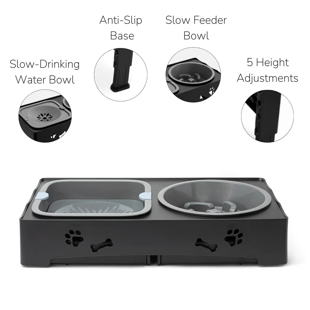 Dog Bowl Stand with Adjustable Height, Slow Feeder and Water Dish Set