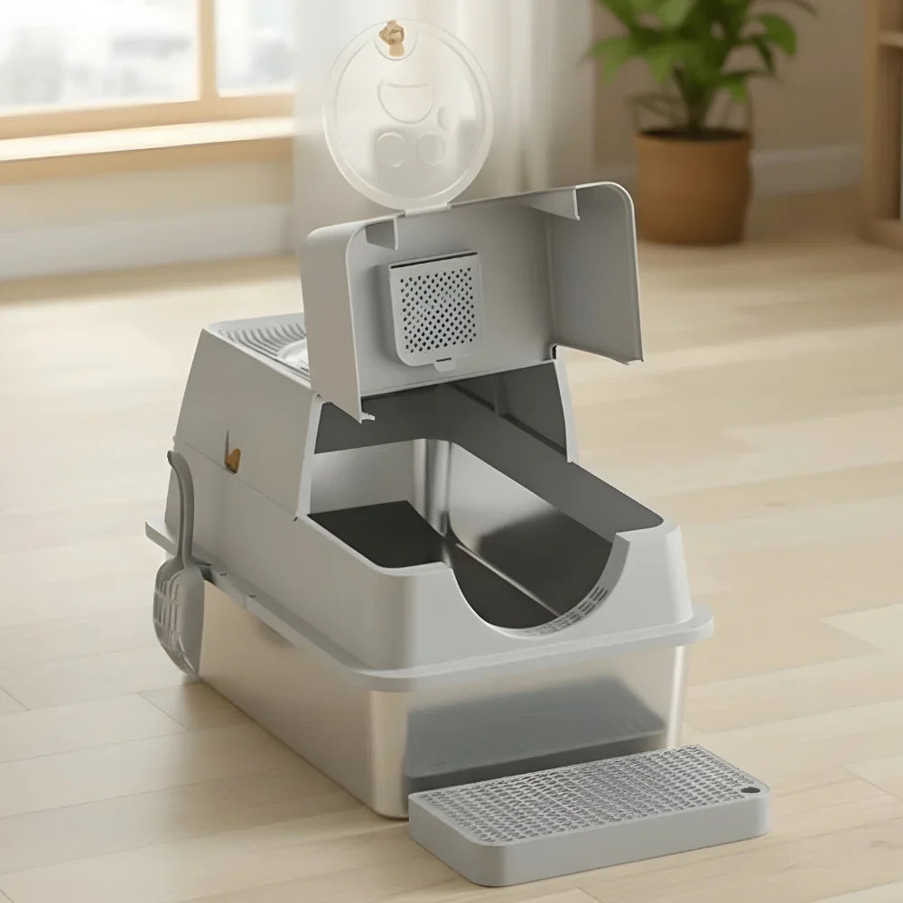 Flip-Top Stainless Steel Cat Litter Box