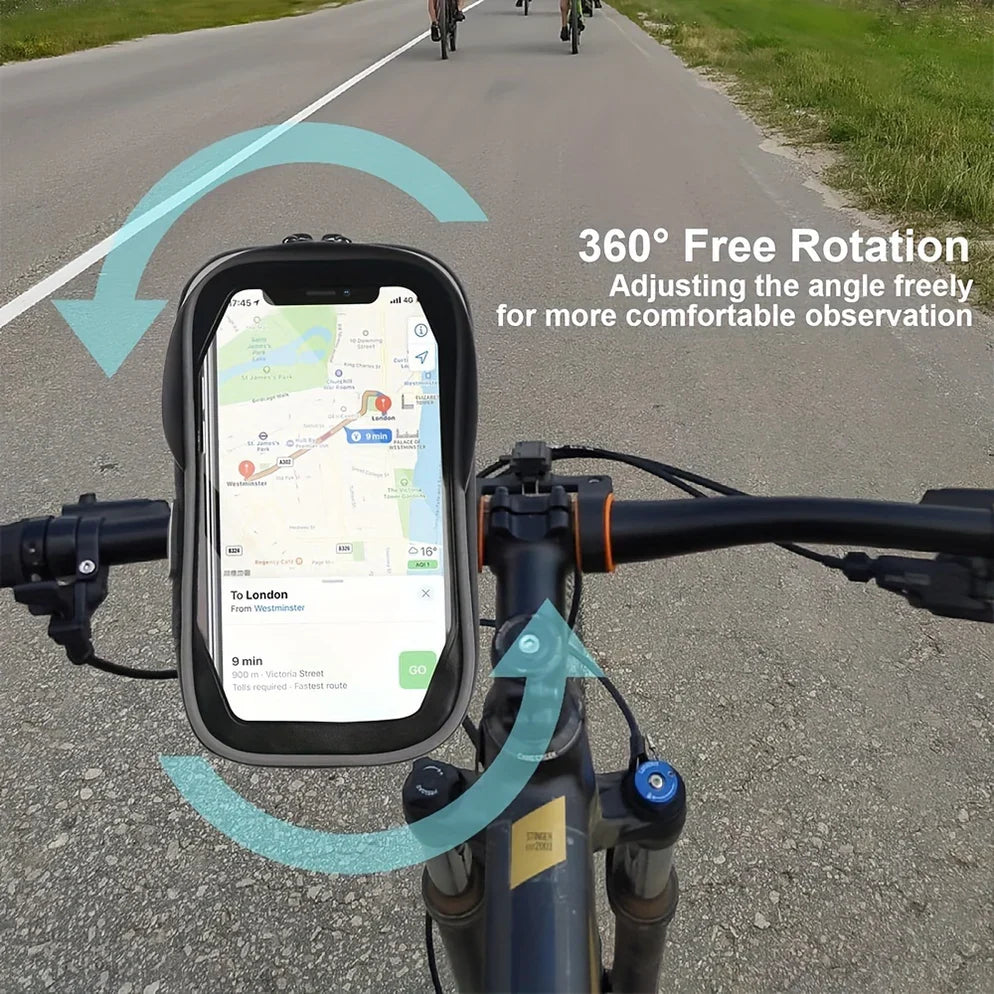 360° Rotating Handlebar Bag for Phones – Waterproof Bicycle and Motorcycle Holder