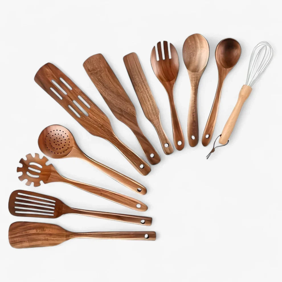Eco-Friendly 11-Piece Cooking Utensil Set in Wood
