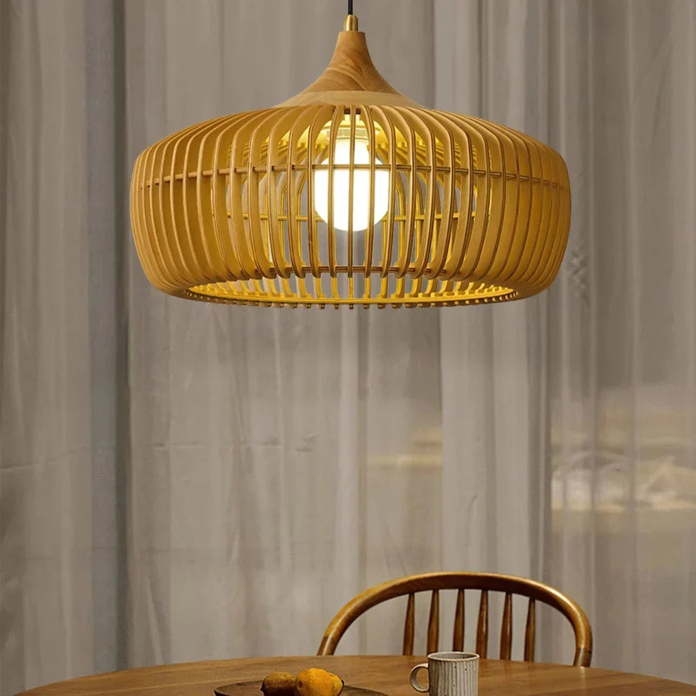 Minimalist Round Ceiling Light in Japanese Wood - Wabi Sabi Design