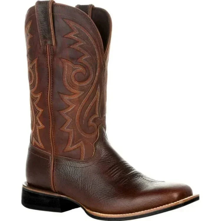 Men's Mid Calf Western Boots in Leather with Retro Embroidery