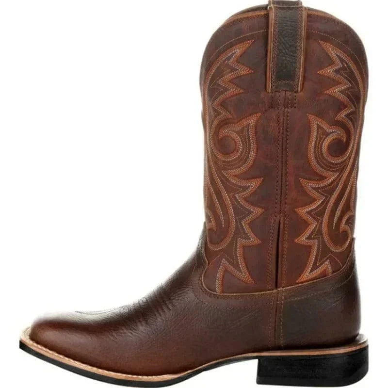 Men's Mid Calf Western Boots in Leather with Retro Embroidery