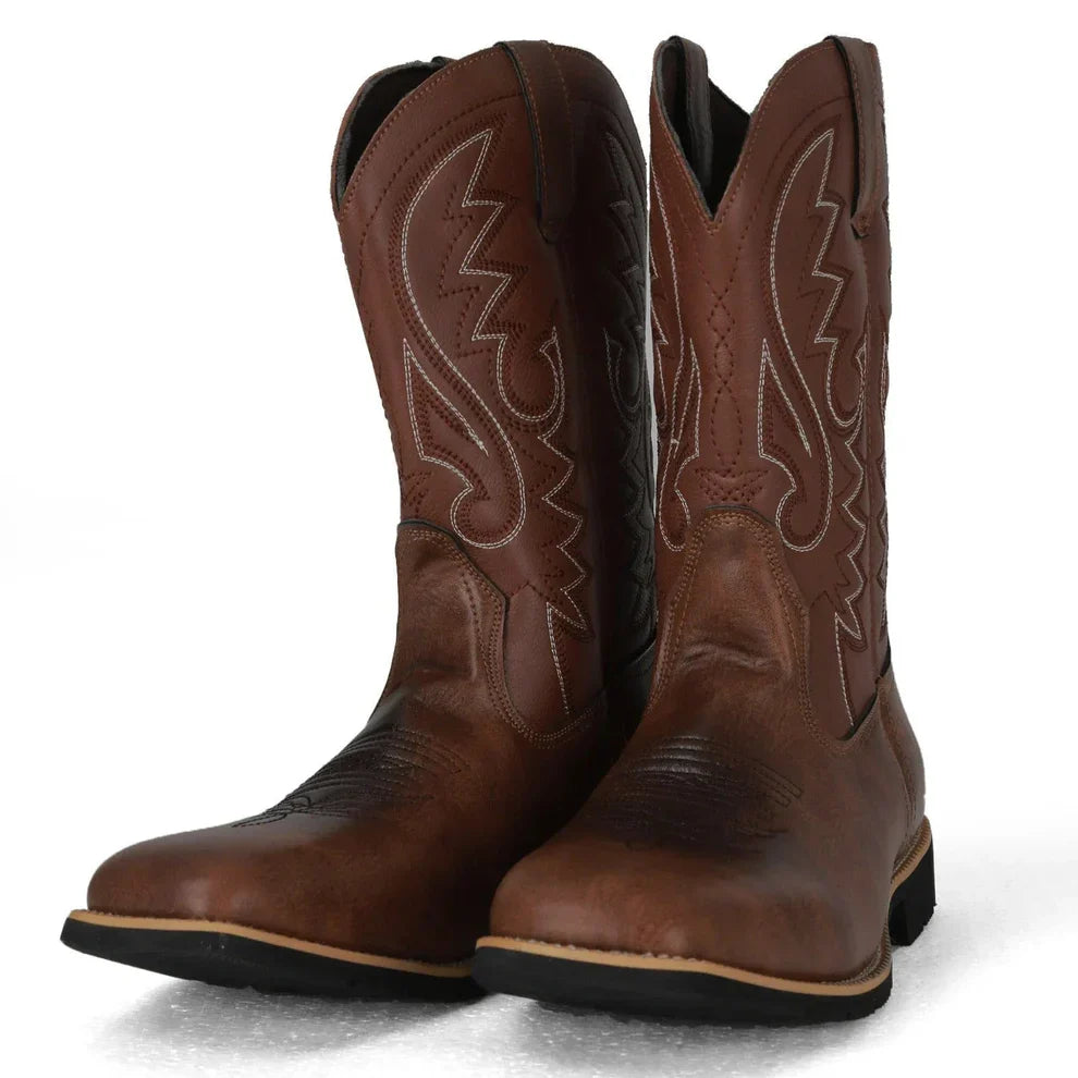 Men's Mid Calf Western Boots in Leather with Retro Embroidery