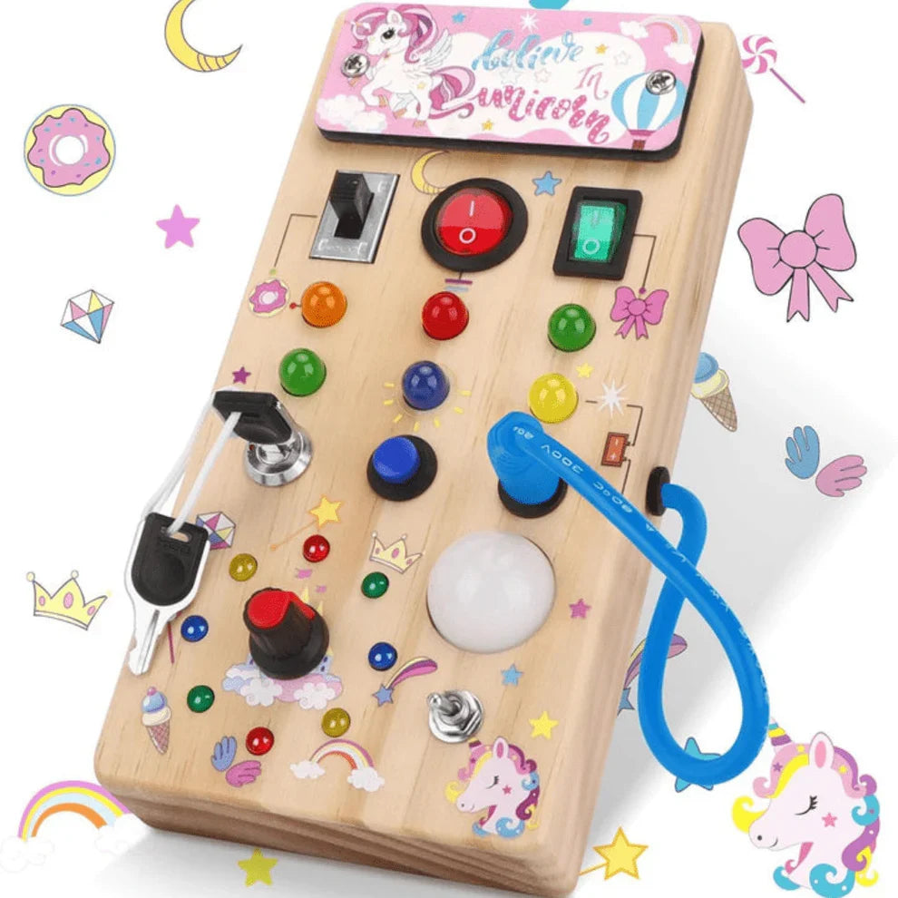 Wooden Sensory Activity Board with LED Lights – Montessori Busy Board Toy