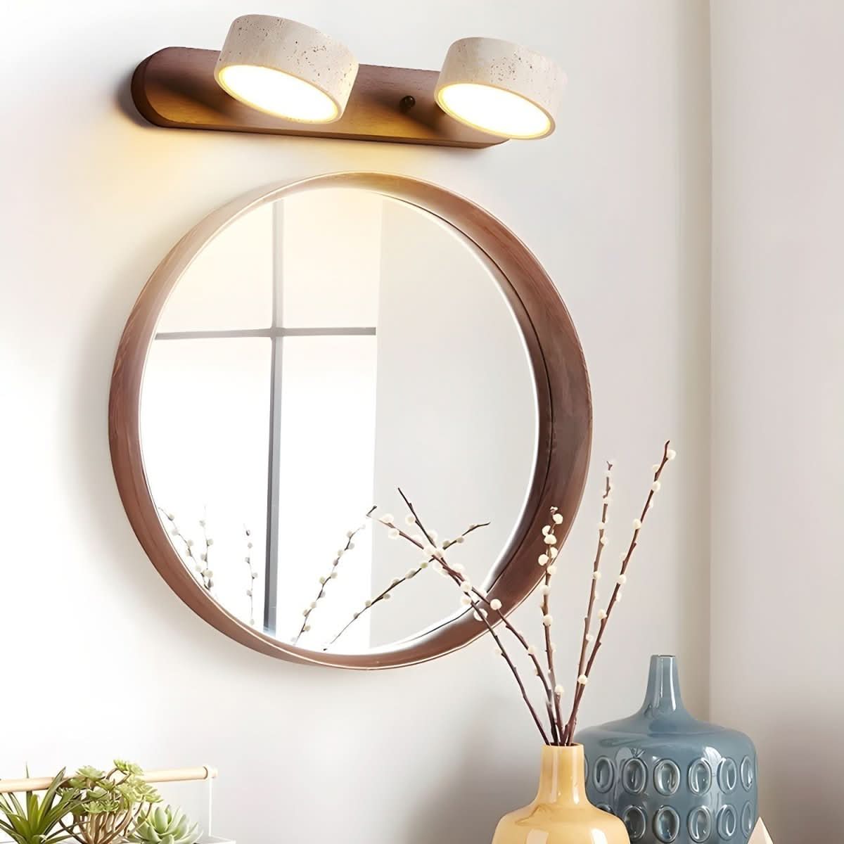 Modern LED Wall Light with Natural Travertine and Wood Design