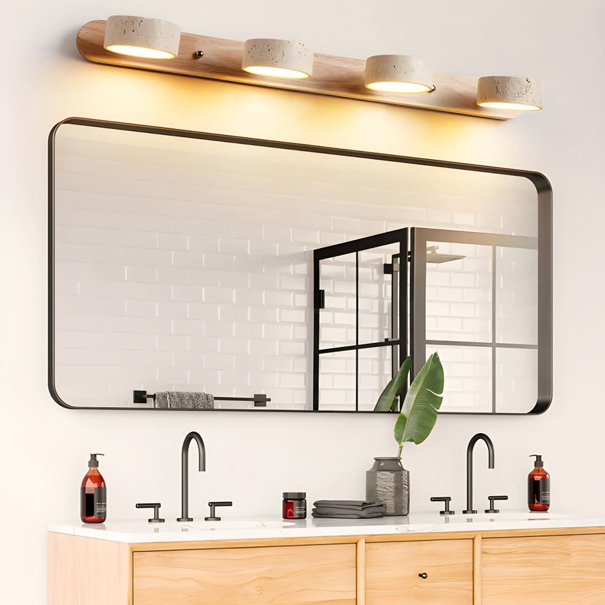 Modern LED Wall Light with Natural Travertine and Wood Design