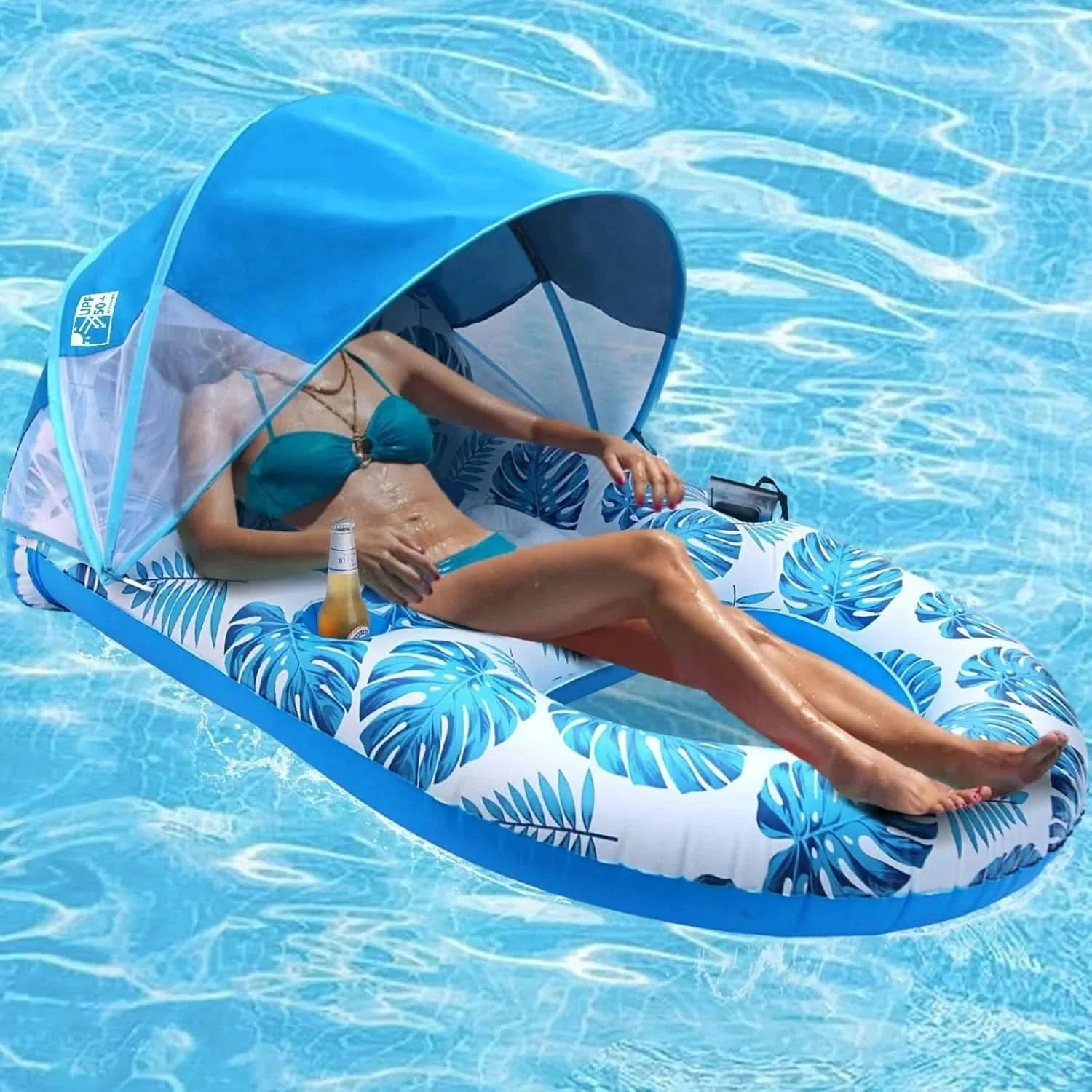 Inflatable Pool Float with Relaxing Shade Canopy Design