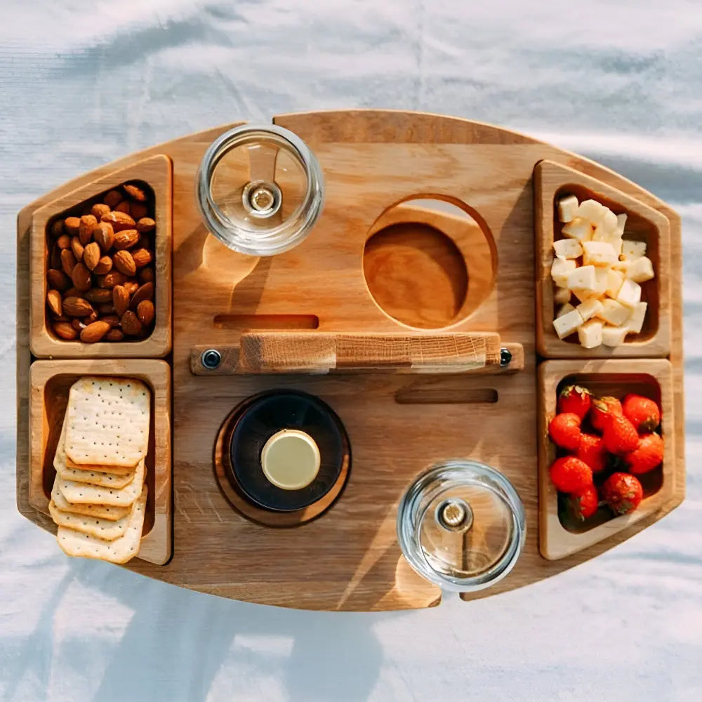 Portable Wooden Picnic Table with Compartments for Snacks and Wine