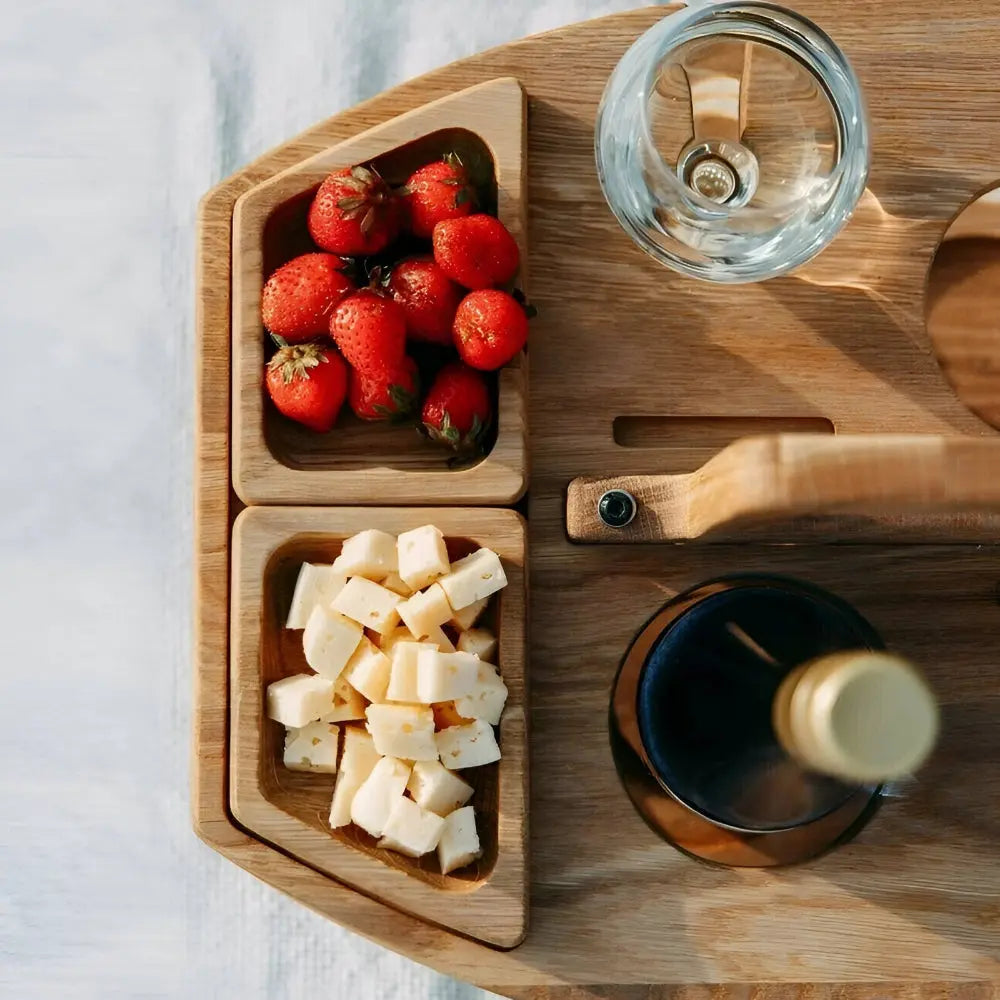 Portable Wooden Picnic Table with Compartments for Snacks and Wine