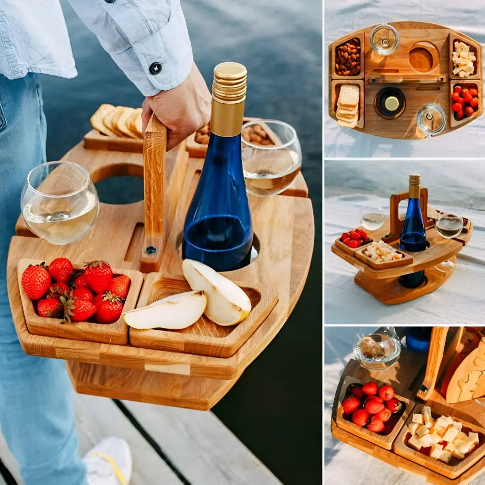 Portable Wooden Picnic Table with Compartments for Snacks and Wine